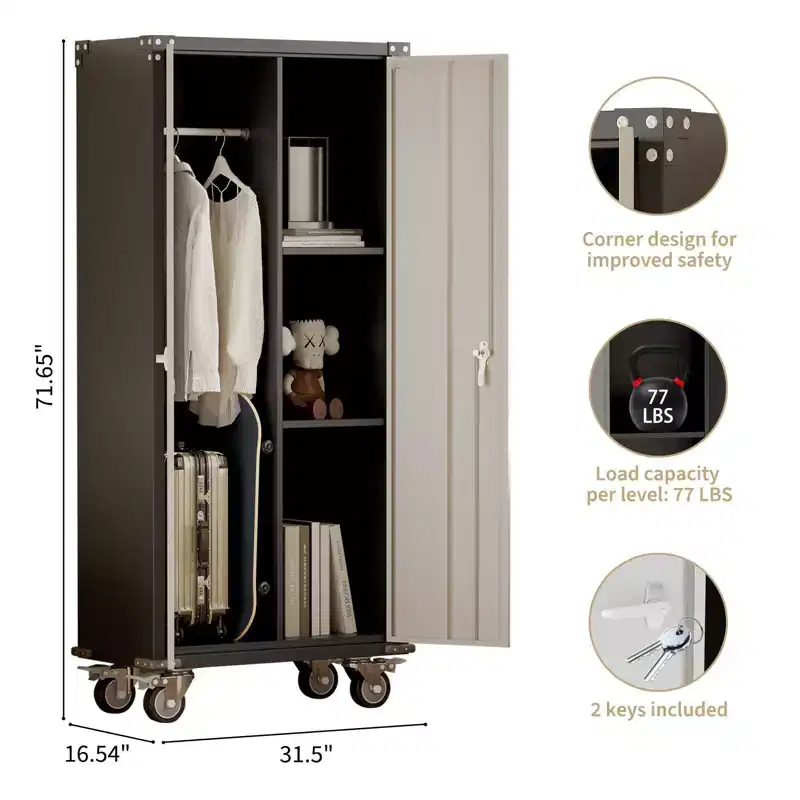 GustoWave 71.7 Metal Locker Storage Cabinet, Heavy-Duty Rolling Tool Cabinet with Lockable Doors & Adjustable Feet, Garage Utility Storage