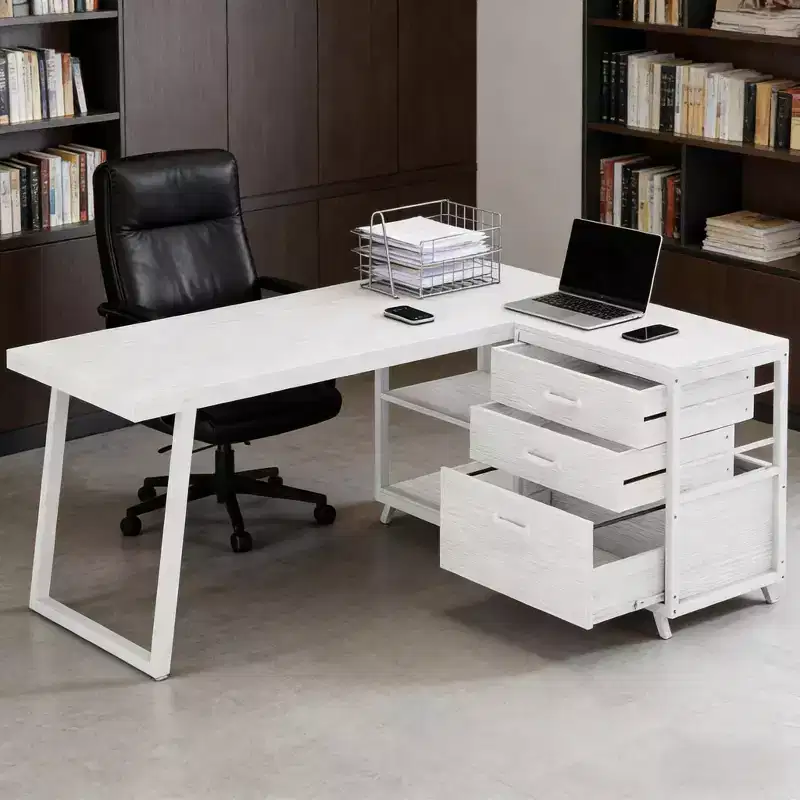 Modern Reversible L-Shaped Desk with 3 Drawers & Open Shelves, 53