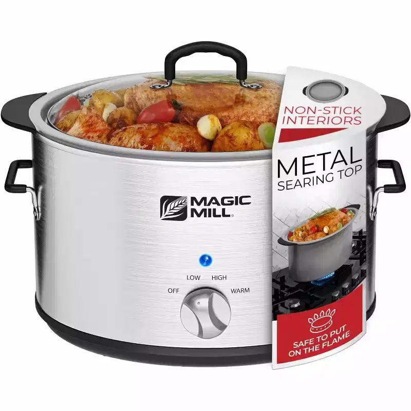 Magic Mill Extra Large 10 Qt Stainless Steel Slow Cooker, With Non-Stick Metal Searing Pot
