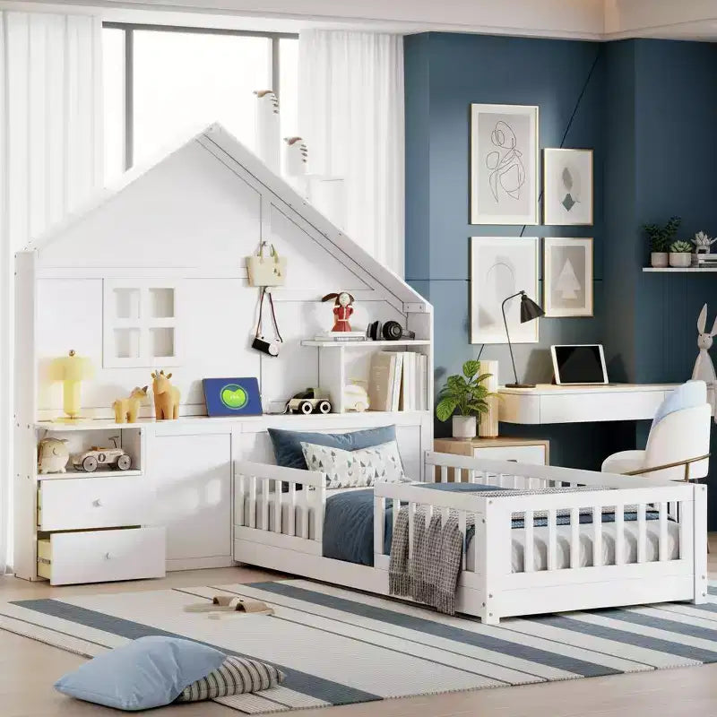 Twin Platform Bed with Storage Drawers, USB Charging Station & Windowed House Headboard