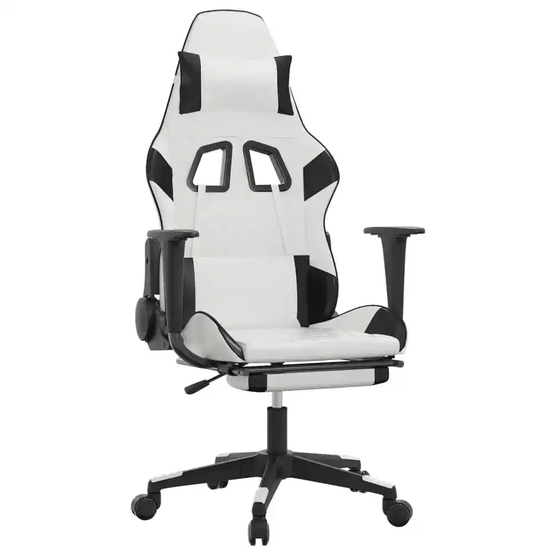 vidaXL Adjustable Gaming Chair with Footrest, Faux Leather, White and Black, Rolling Castors, 360 Degree Swivel, Sturdy Metal and Plywood Frame