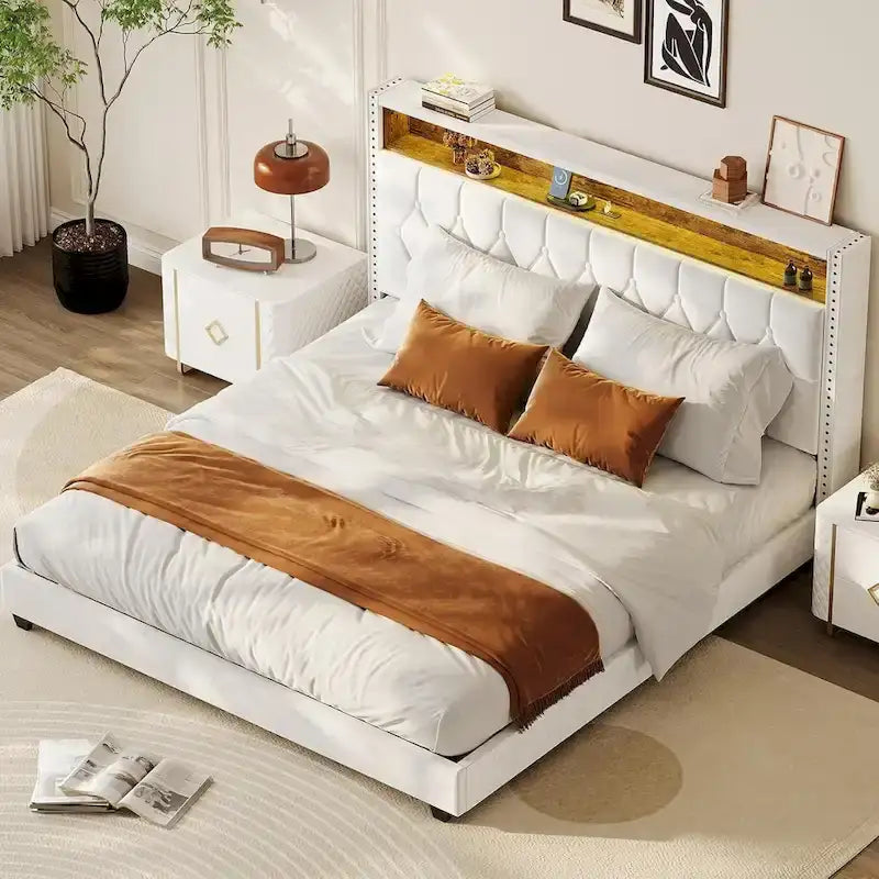 Velvet Upholstered Platform Bed Frame with Storage Headboard and Nailhead Trim Wingback
