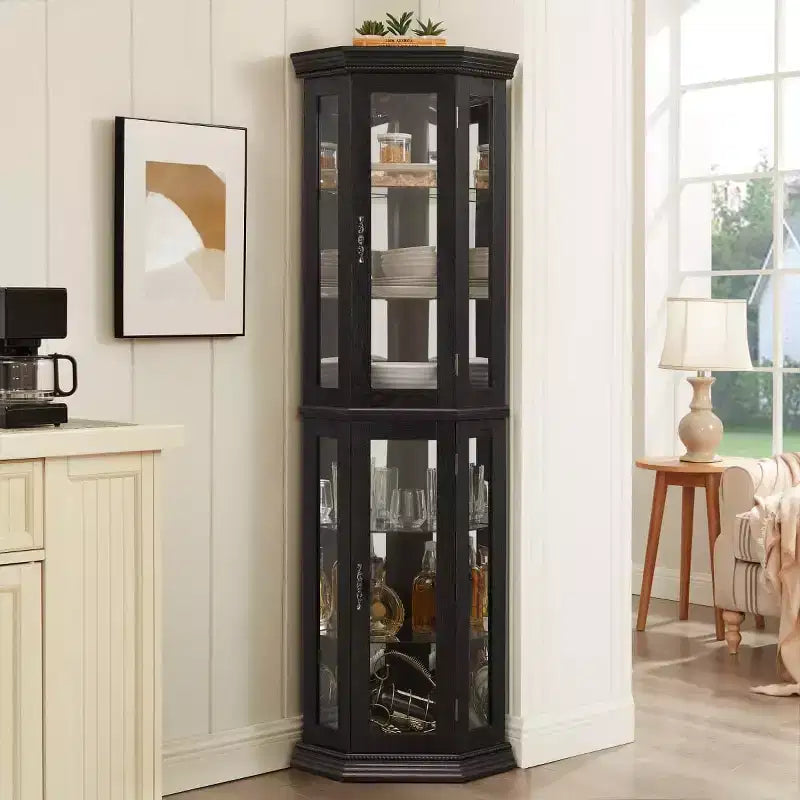 69.5" Lighted Corner Cabinet with Glass Doors and Adjustable Shelves