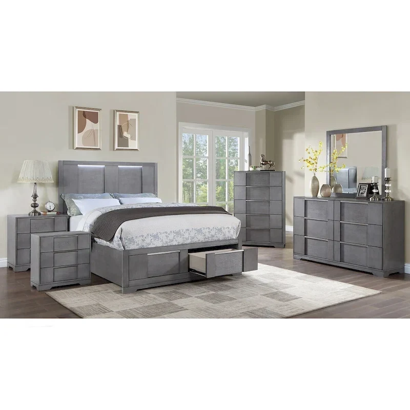 Furniture of America Tona Contemporary 6-Piece Grey Wood Storage Platform Bedroom Set with LED Lights