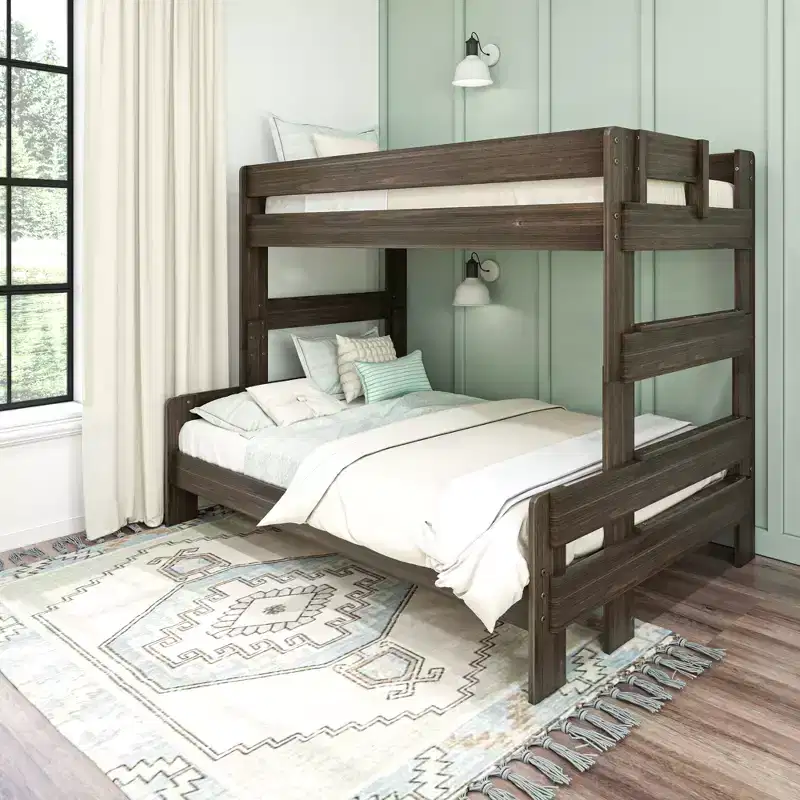 Bunk Bed Twin over Full Size, Modern Farmhouse Solid Wood Bunk Beds for Kids