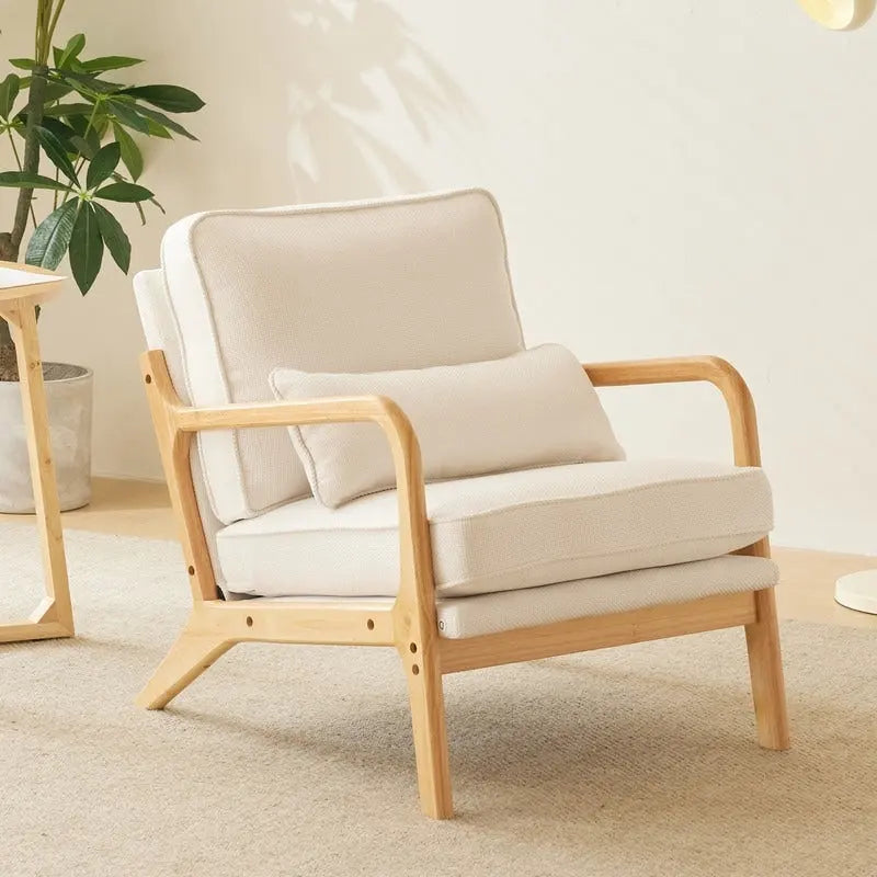 Upholstered Coarse Linen Blend Accent Chair with Wooden Legs and One Pillow