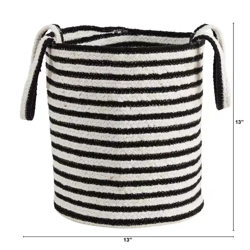 Nearly Natural 13-in Boho Chic Basket Planter Natural Cotton, Handwoven Black and White Stripe with Handles