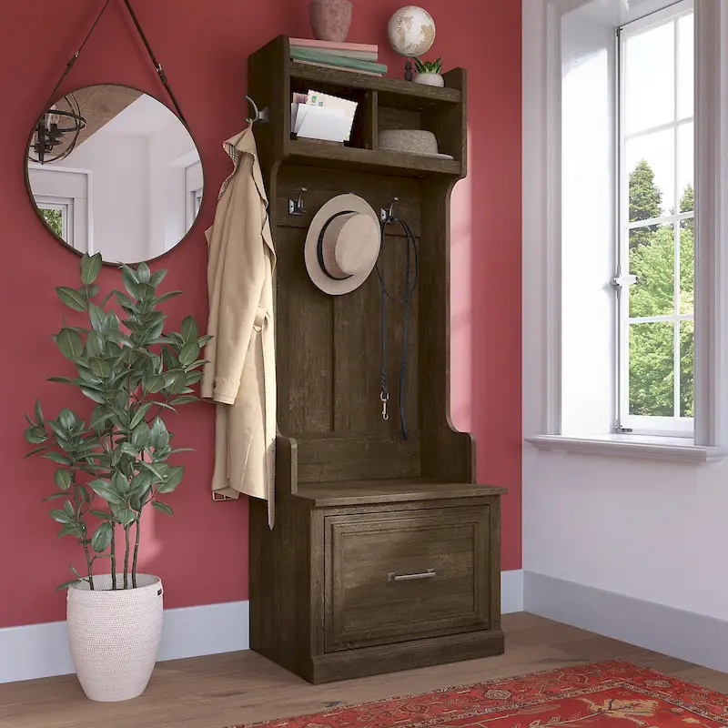 Woodland Hall Tree and Small Shoe Bench with Drawer