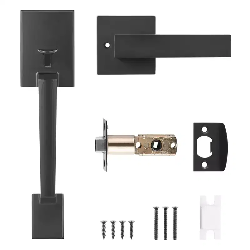 VEVOR Front Door Handle, Square Entry Handle Set with Lever, No Lock, Adjustable Hole Space, Zinc Alloy Die-Casting, Matte Black