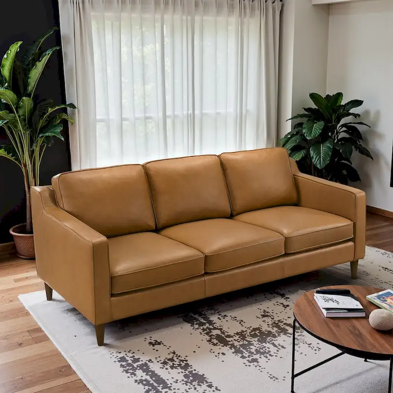 Madeline Mid Century Modern Furniture Genuine Leather Couches in Cognac Tan
