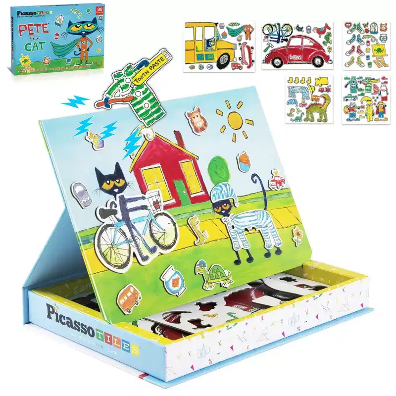 PICASSO-TILES Pete The Cat 80PCS Magnetic Board Game Puzzle Playset, Reusable Mix & Match with Storytelling, Learning Activity Book for Kids