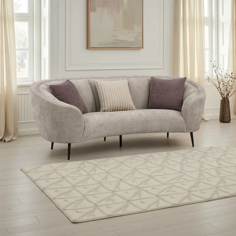 Zui Curved Sofa, 92 Inch, Beige Fabric, Round Design, 3 Accent Pillows