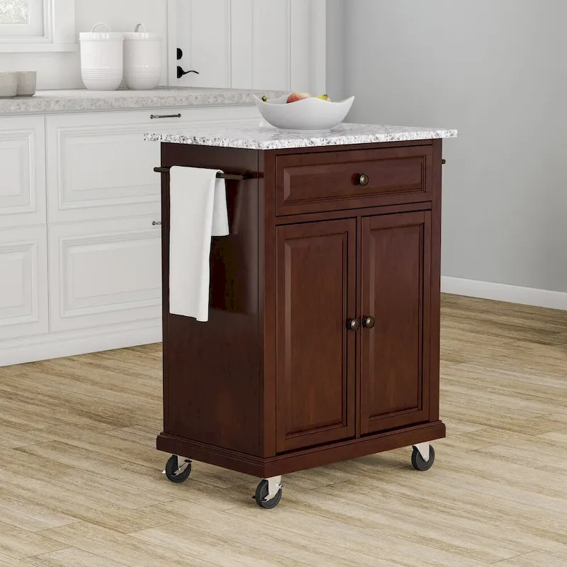 Compact Vintage Mahogany Finish Solid Granite Top Kitchen Cart and Island - 31W x 18D x 35.5H