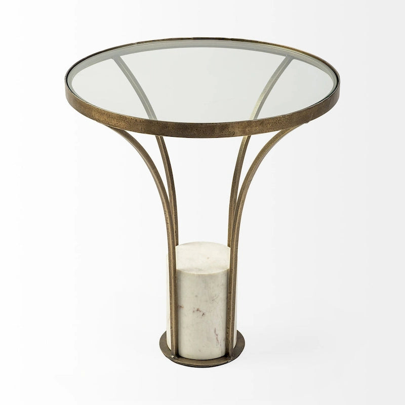 Jacinta II Glass Top with Gold Metal and White Marble Pedestal Round Side Table