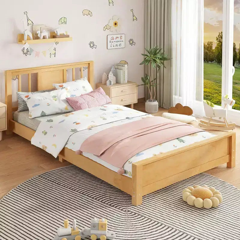 Twin Platform Bed with Headboard, Solid Wood Low Profile Platform Bed Frame with Support Slats for Bedroom