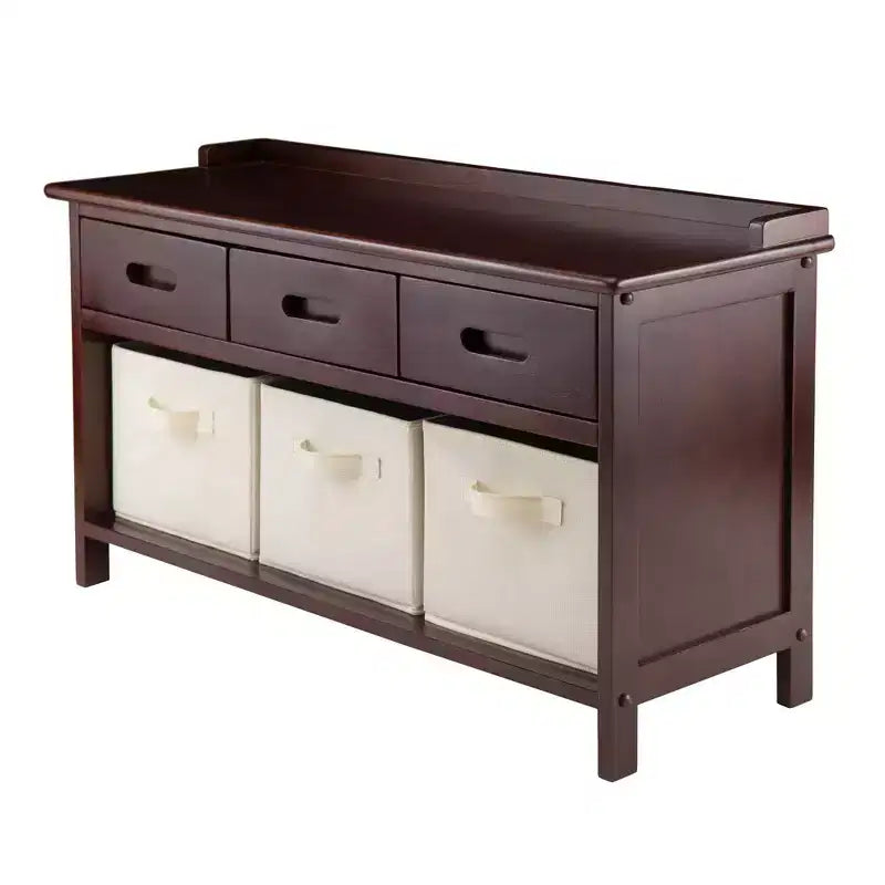 Entryway Storage Bench with Baskets, Walnut Finish, Beige Fabric