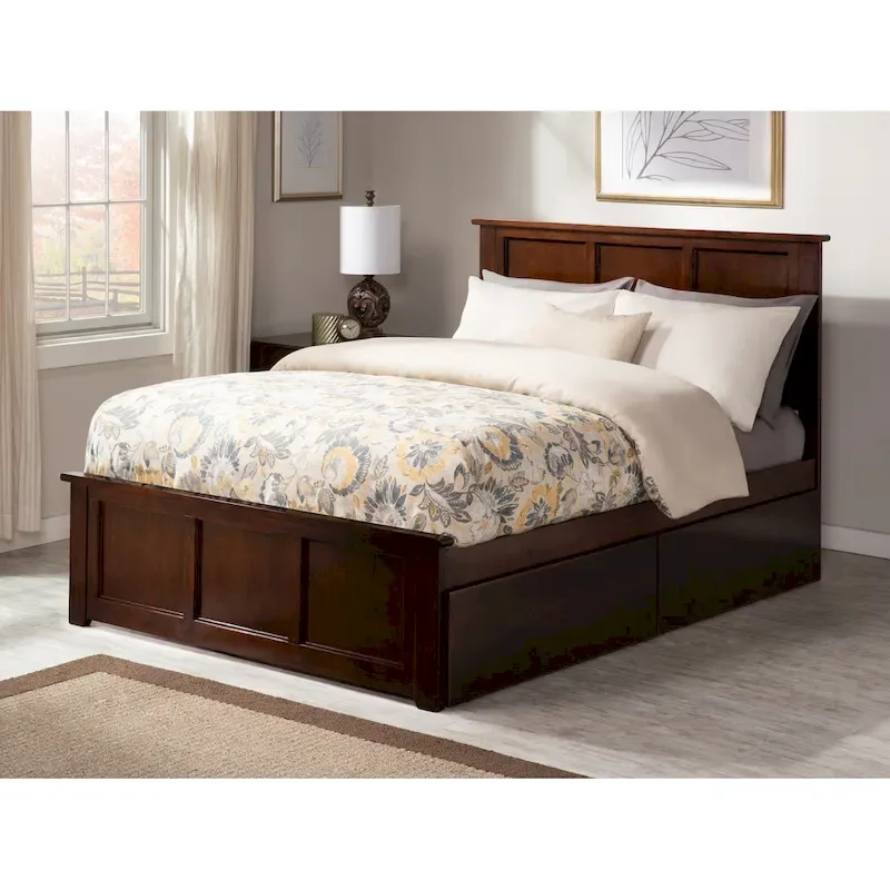 Walnut Full Platform Bed with Footboard & 2 Storage Drawers, Sleeps 2