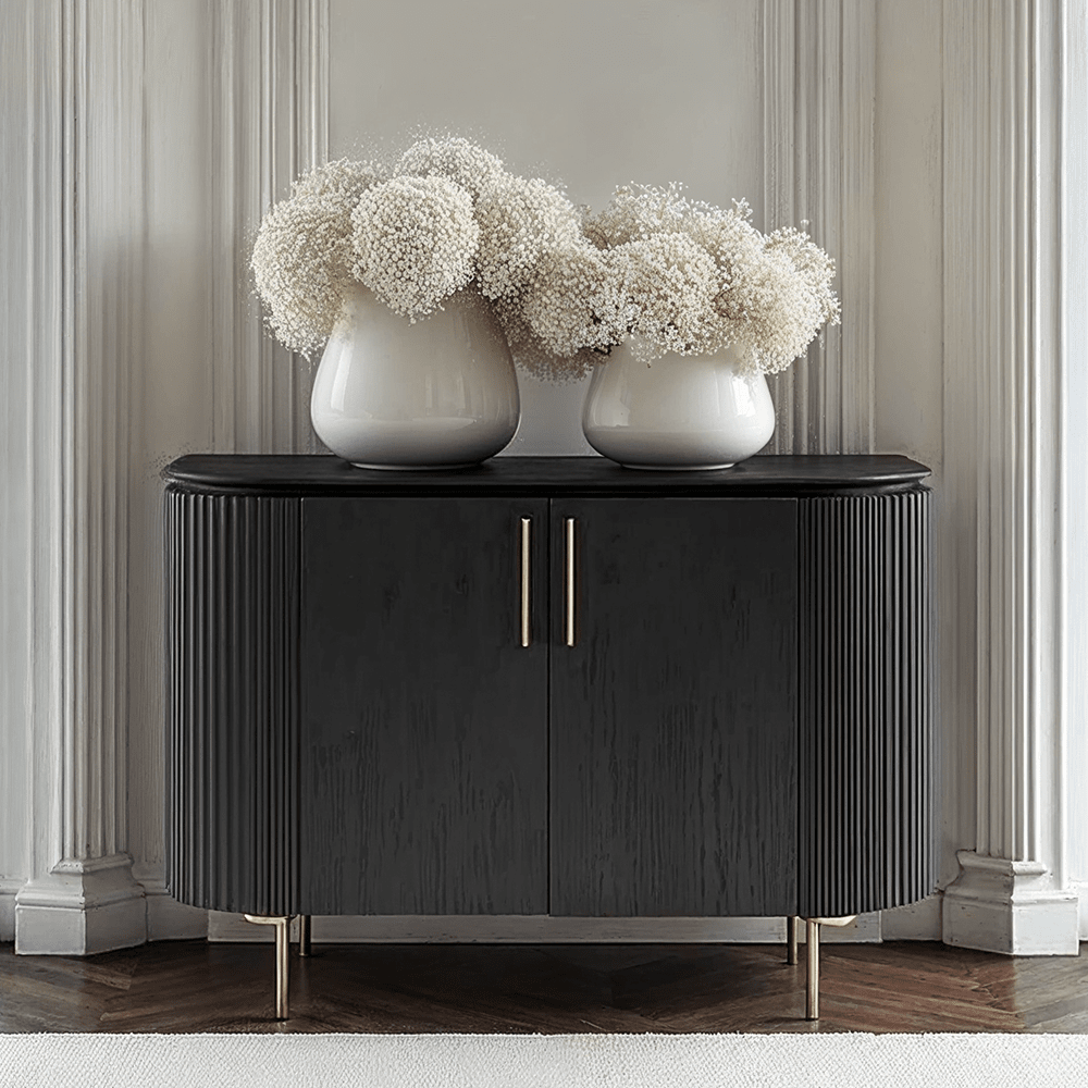 Ribbed Rounded Black 2 Door Sideboard with Gold Legs
