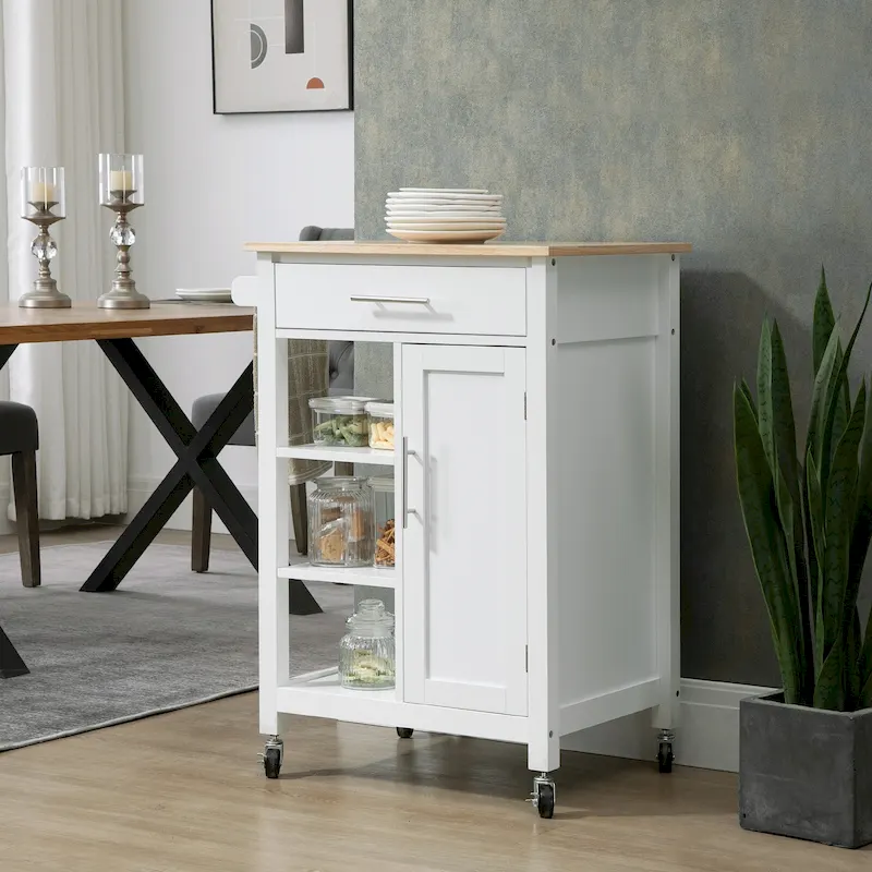 HOMCOM Compact Kitchen Island Cart on Wheels, Rolling Utility Trolley Cart with Storage Shelf & Drawer for Dining Room