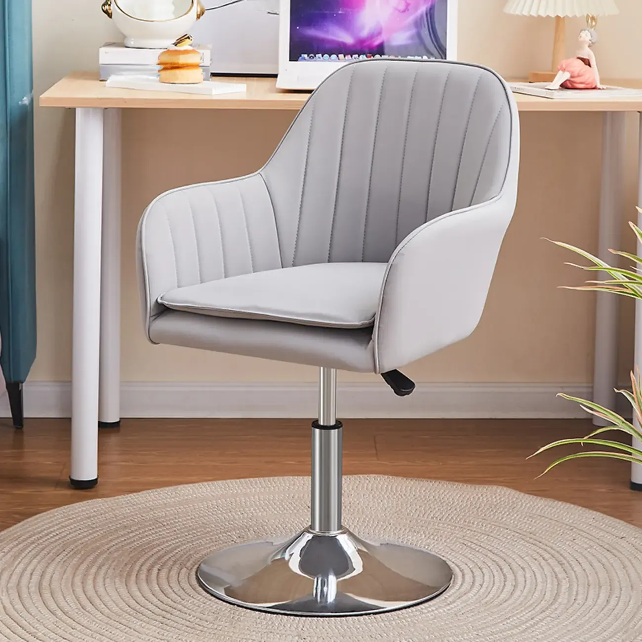 Sleek Grey Leather Swivel Office Chair