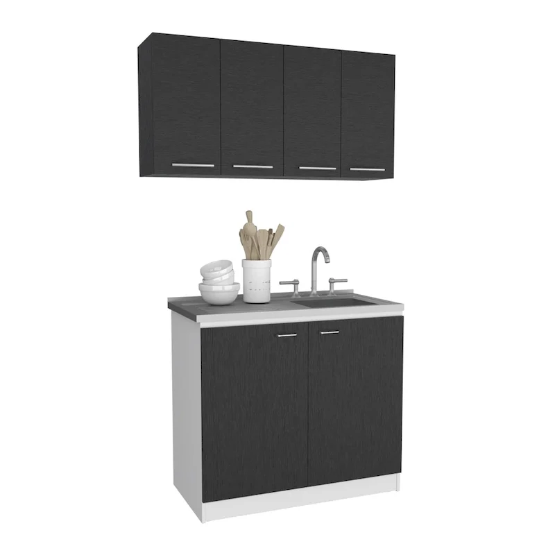 FM Furniture Aztec 2-Piece Kitchen Set with Wall Cabinet and Utility Sink Cabinet, Black/White