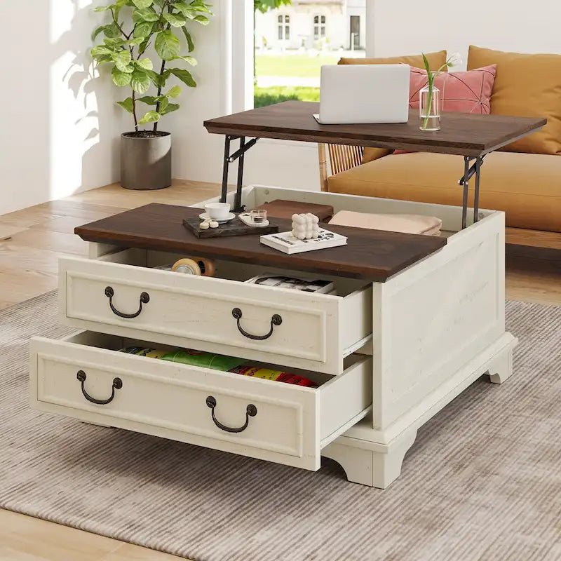 Moasis Farmhouse Lift Top Coffee Table Square Wood Center Table with Storage and 2 Drawers