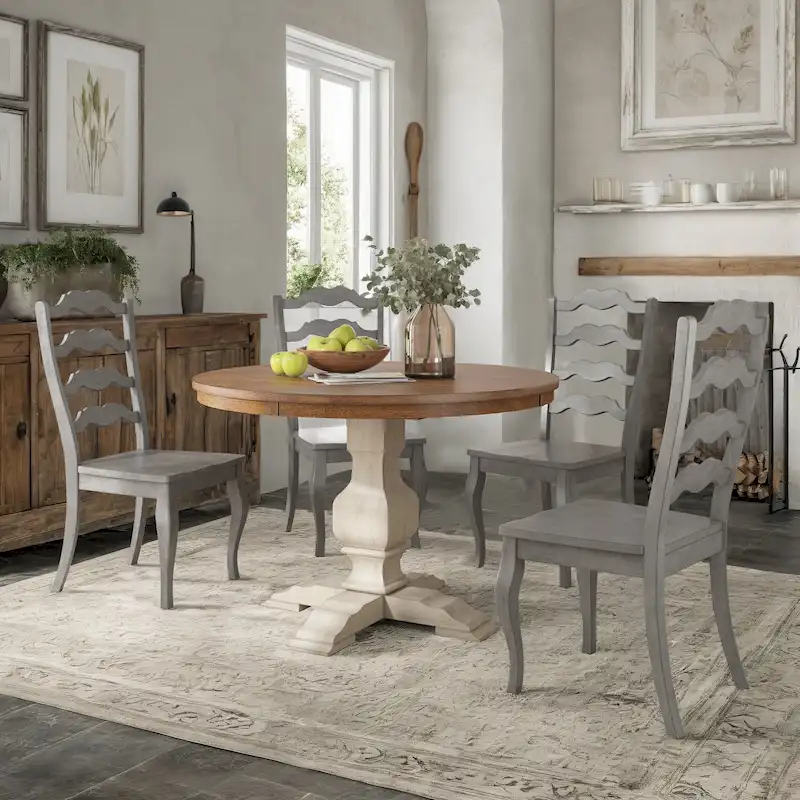 Ronda 45 Round Solid Wood Top Dining Set with French Ladder Back Chairs