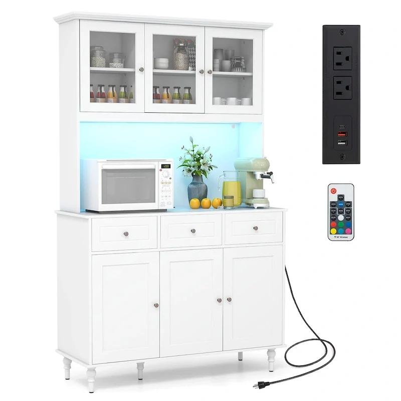 Gymax 77 Tall Kitchen Pantry Storage Cabinet with LED Lights and