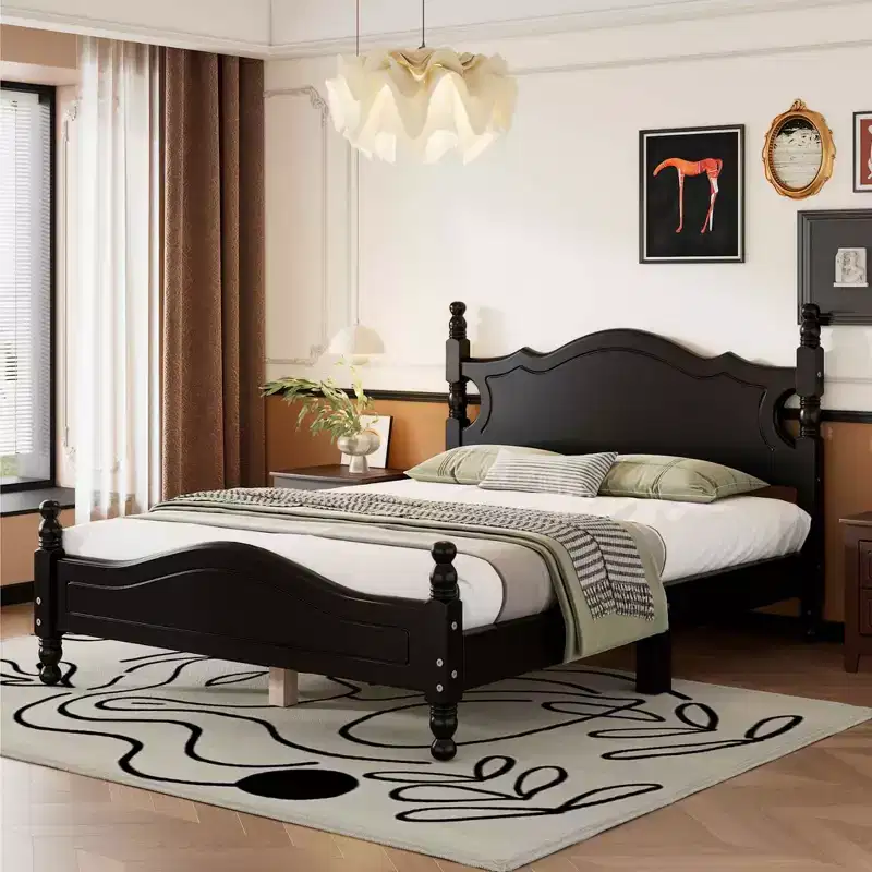 Full Size Retro Wood Platform Bed Frame with Wooden Slats, 500 lb, Black