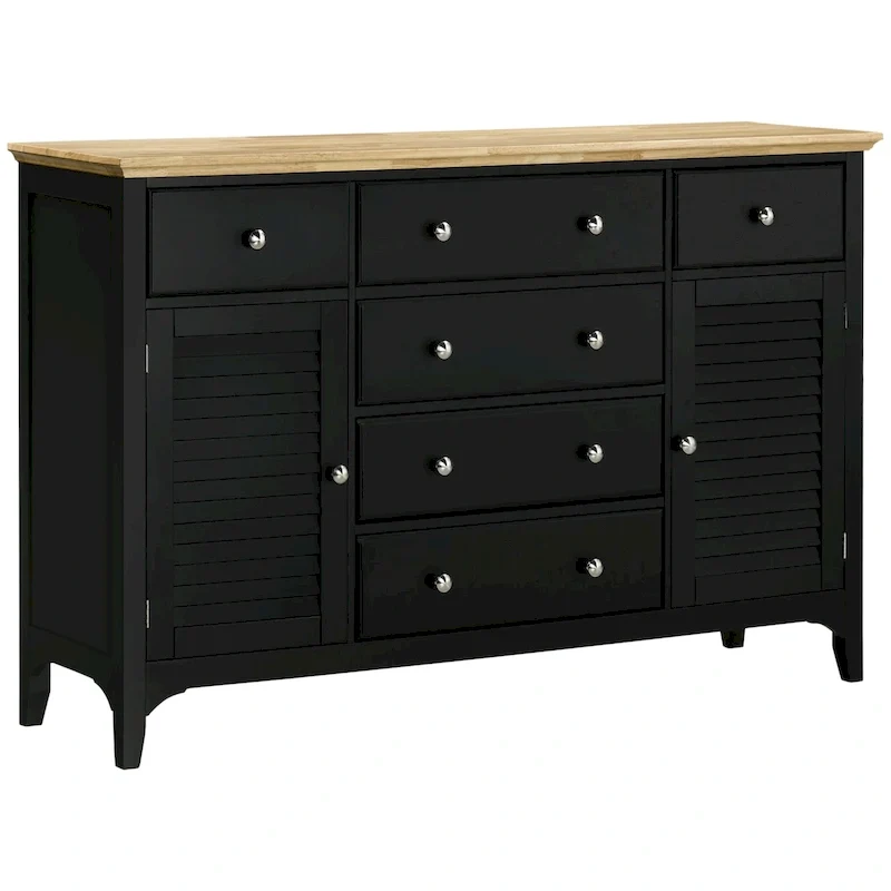 Sideboard Buffet Cabinet with Storage Drawers, Rubber Wood Top and Adjustable Shelves, Black