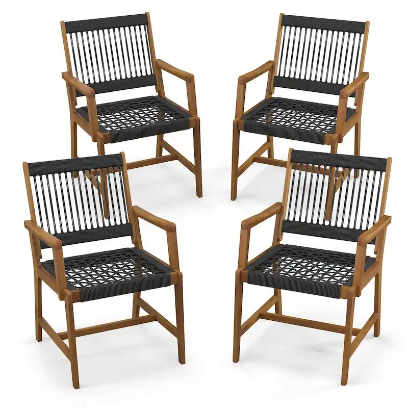 Gymax Patio 4PCS Acacia Wood Dining Chairs All-Weather Rope Woven