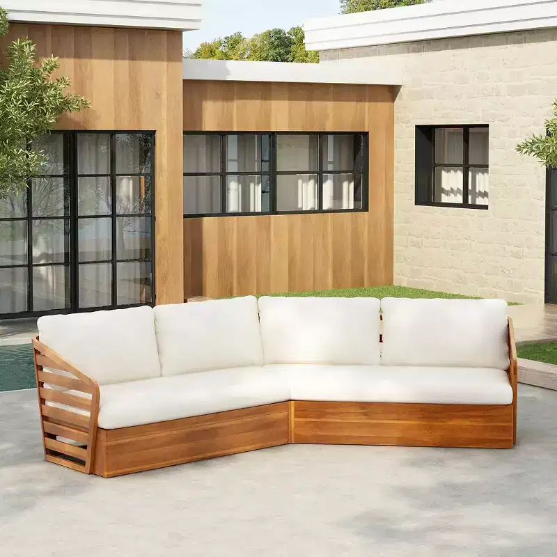 Whisen Outdoor Acacia Wood Patio Sofa Setctional Set with Plush Seats and Back Cushions - Beige
