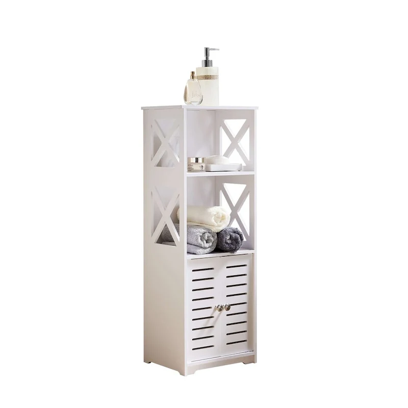 White Bathroom Floor Storage Cabinet with Open Shelves and Louvered Door