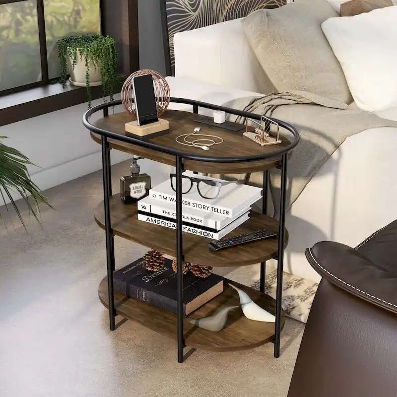 Moore Industrial Brown 26-inch Steel 3-Tiered Side Table with USB Ports and Outlets by Furniture of America