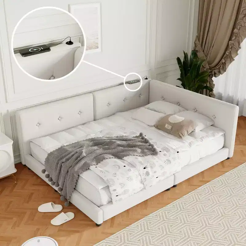 Whisen Modern Upholstered platform bed with USB Ports