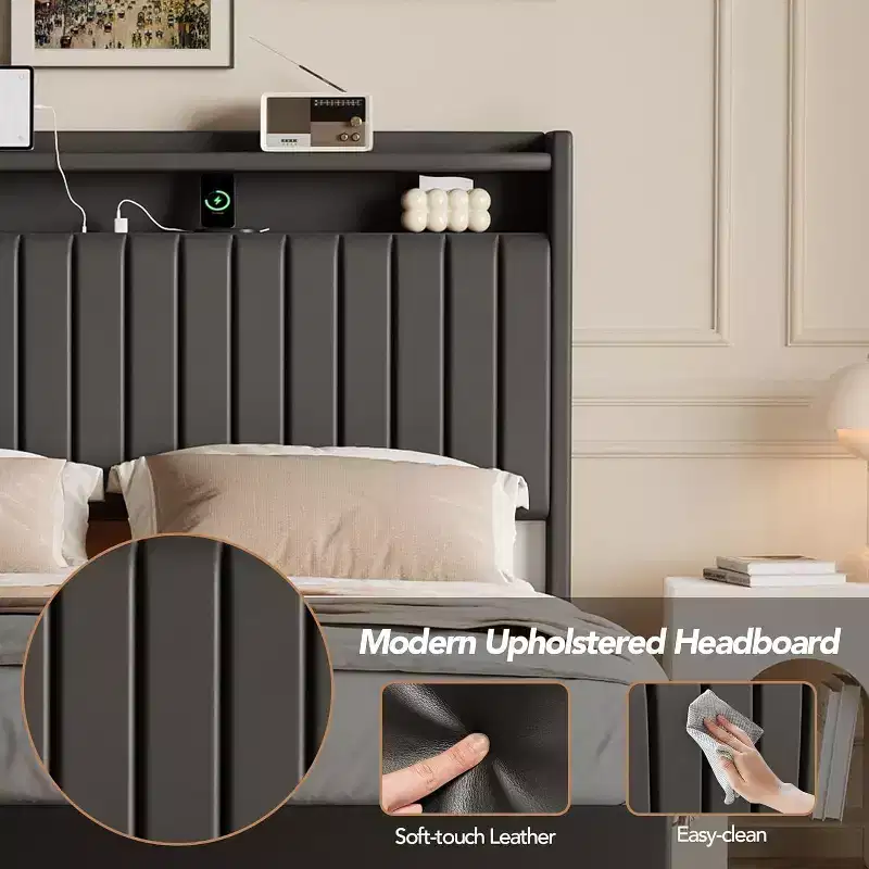 Bed frame, floating bed frame, high headboard, PU leather upholstery, platform bed frame, no mattress required, easy installation.