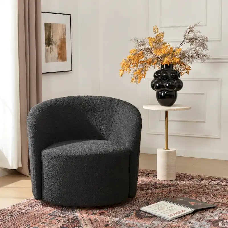 KINWELL 34 W Upholstered Boucle Swivel Barrel Accent Chair