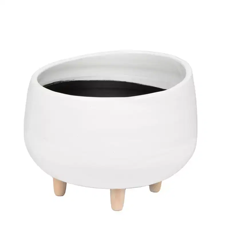 8" x 12.5" Planter with Wood Feet White - Storied Home: Ceramic, Smooth Finish, Indoor Tabletop Decor, Modern Scandinavian Style