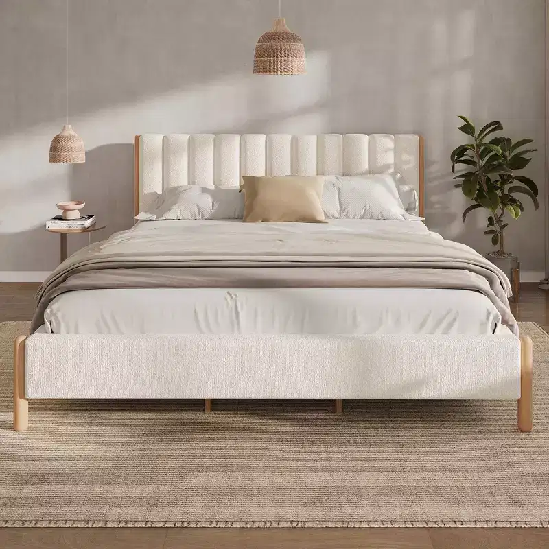 Upholstered Platform Bed Frame with Padded Headboard and Solid Wood Legs