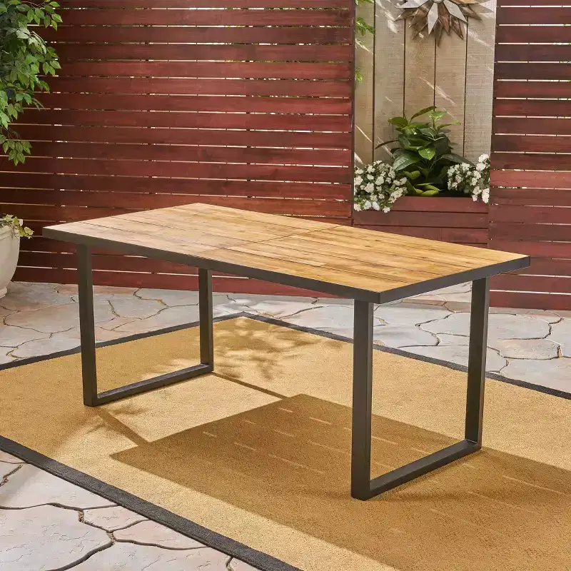 Okak Farmhouse Outdoor Dining Table with Acacia Wood Top, Patio Dining Table with Loop Metal Legs, Outdoor Table for Garden, Teak+Black