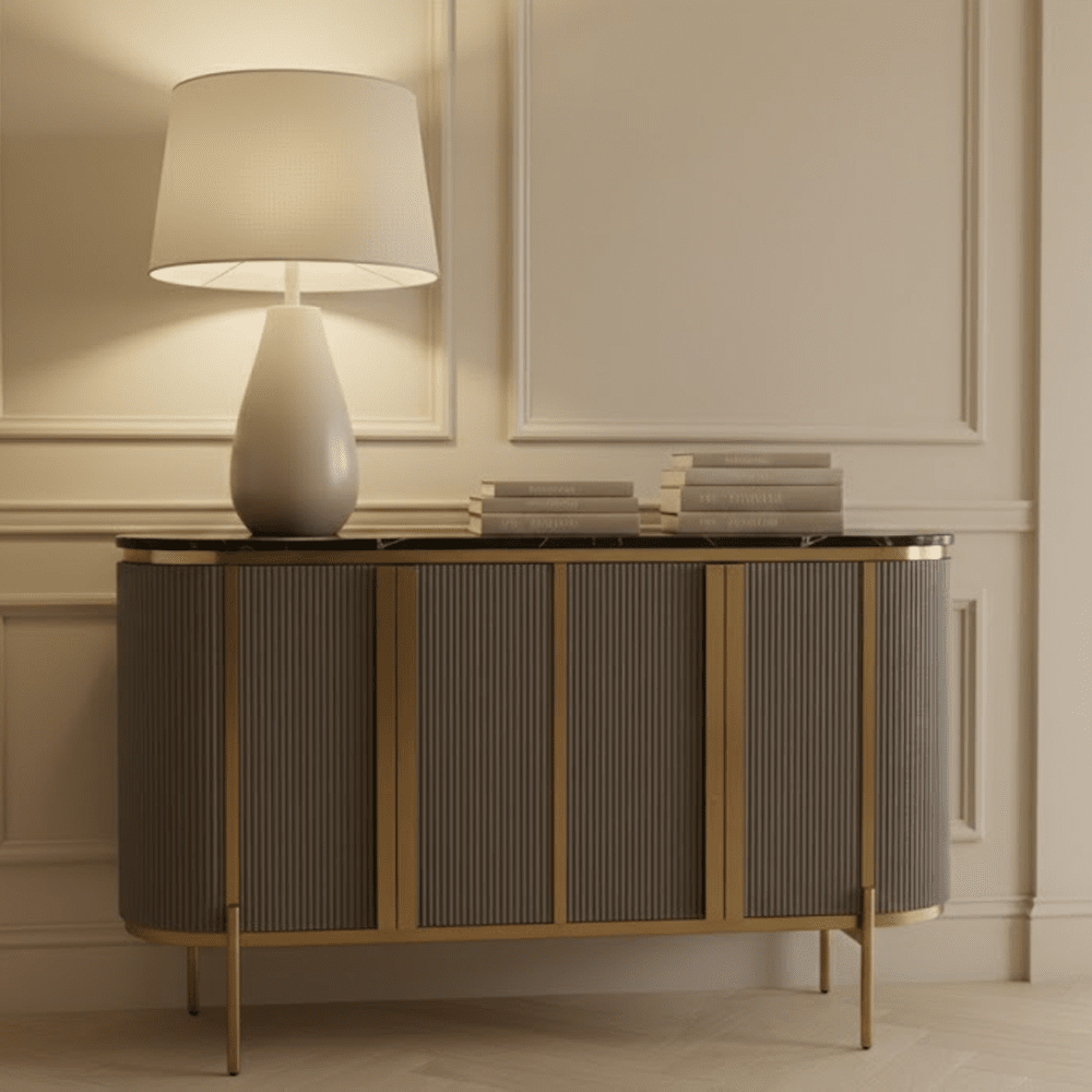 Grey & Gold Ribbed 4 Door Sideboard with Black Marble Top