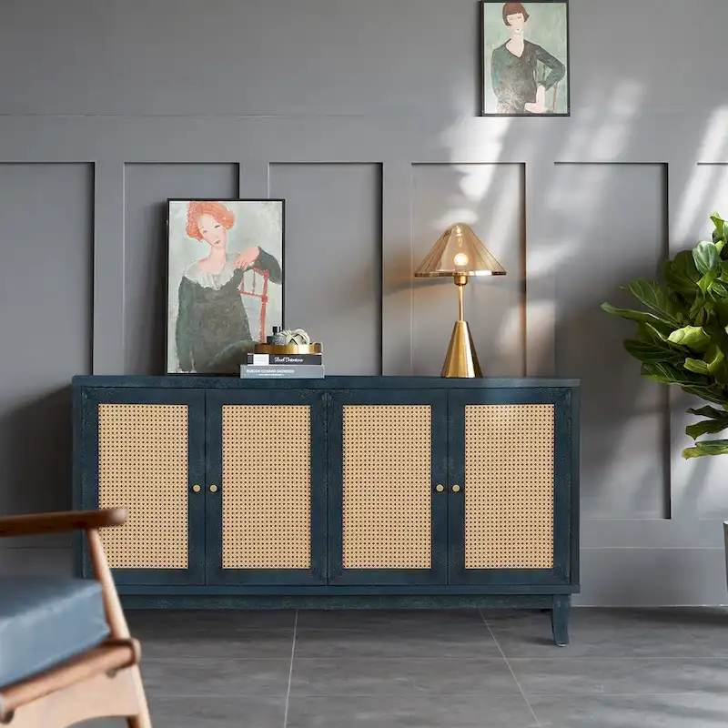 Antique Rattan Door Sideboard Cabinet with Adjustable Shelf and Spacious Storage