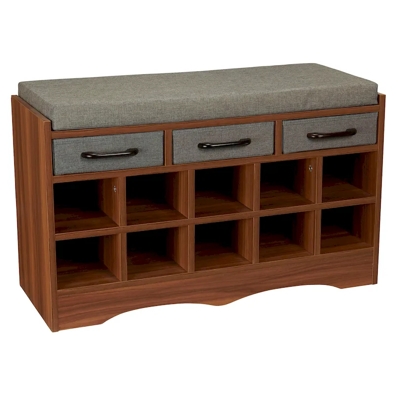 Household Essentials Storage Bench with 3 Drawers, 10 Shoe Compartments, and Cushioned Seat