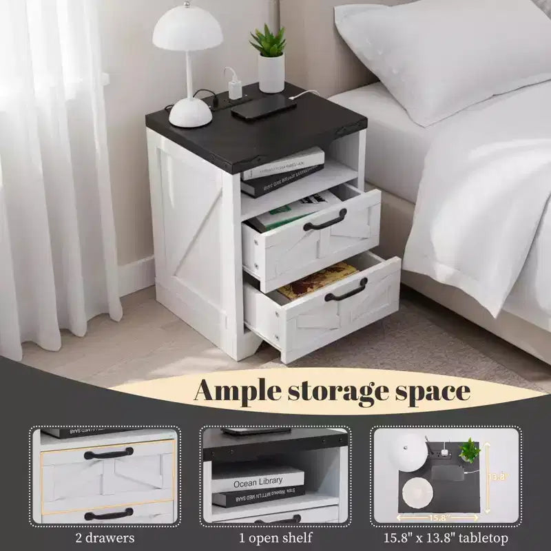 COZONY Nightstand with Charging Station, 2 AC Outlets & 2 USB Ports, Industrial Bedside Table with 2 Drawers for Bedroom