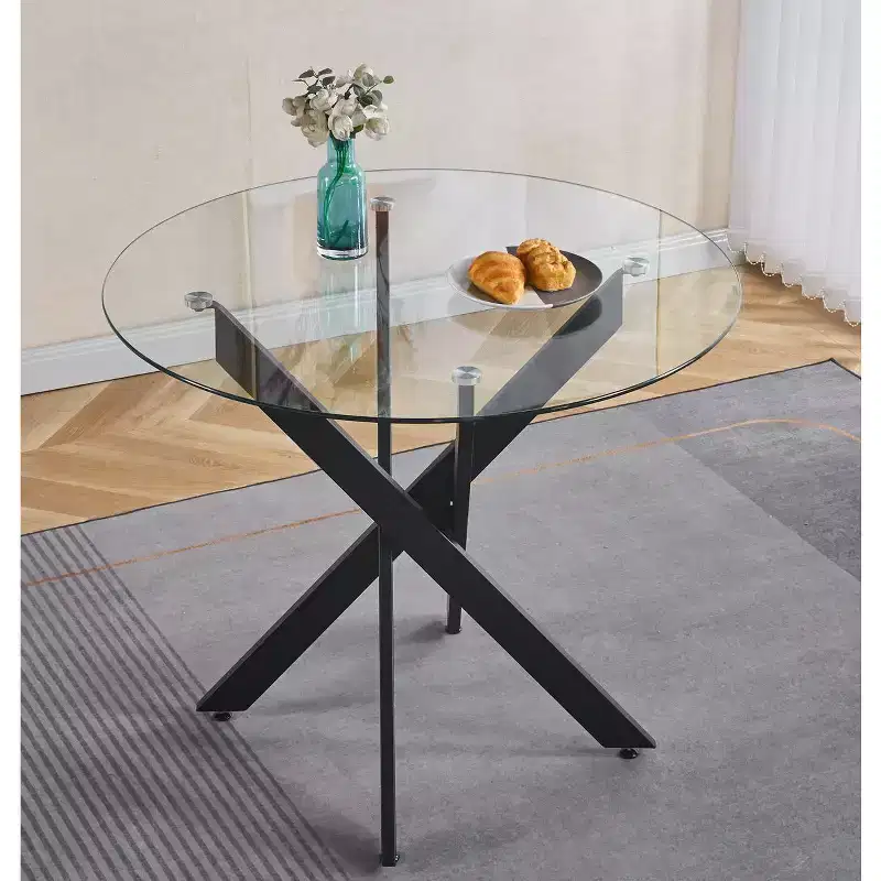 Black Dining Table with Cross Metal Leg and Tempered Glass Top, Modern Space-Saving Design for Kitchen or Living Room