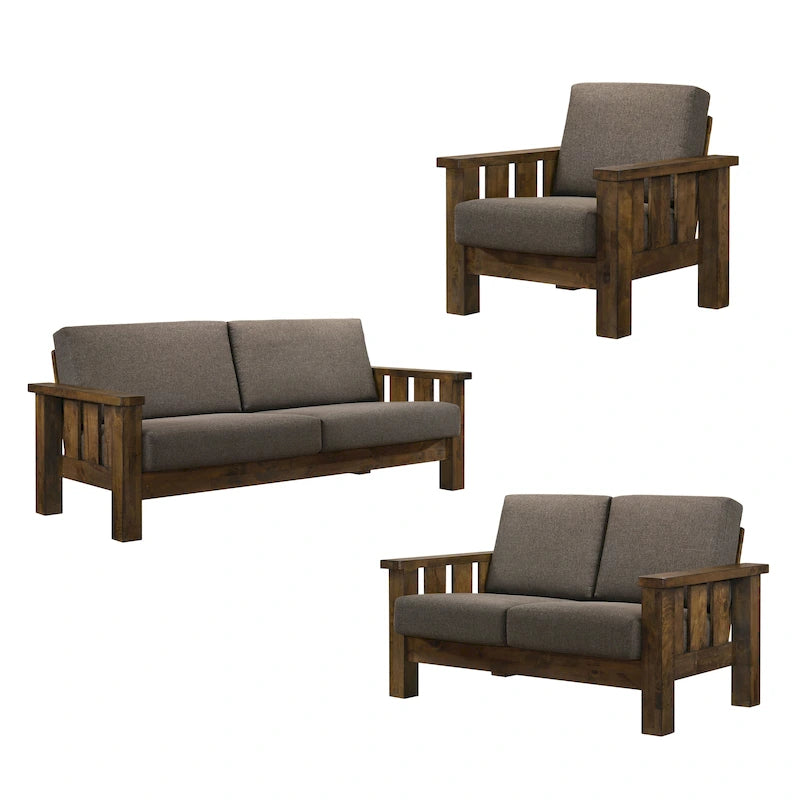 Jimo Rustic Oak and Linen Fabric 3-Piece Sofa Set by Furniture of America