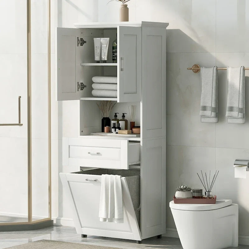 Tall Bathroom Cabinet with Laundry Basket, Large Storage Space Tilt-Out Laundry Hamper and Upper Storage Cabinet