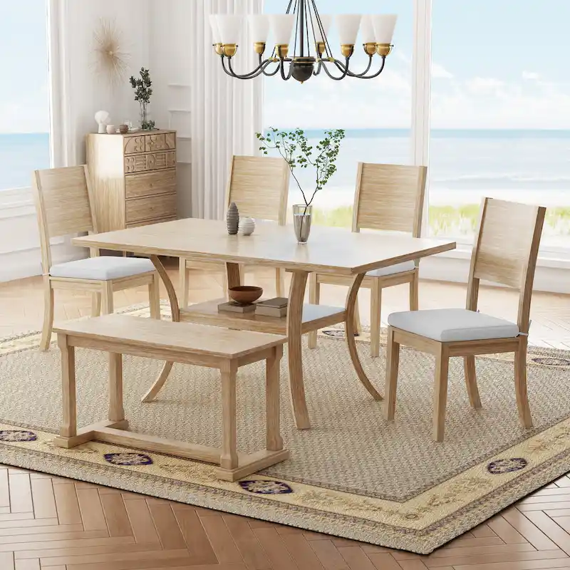 6 Pcs Dining Table Set with Storage Shelf and Curved Legs, Kitchen Furniture Dining Table Set with Bench and 4 Dining Chairs