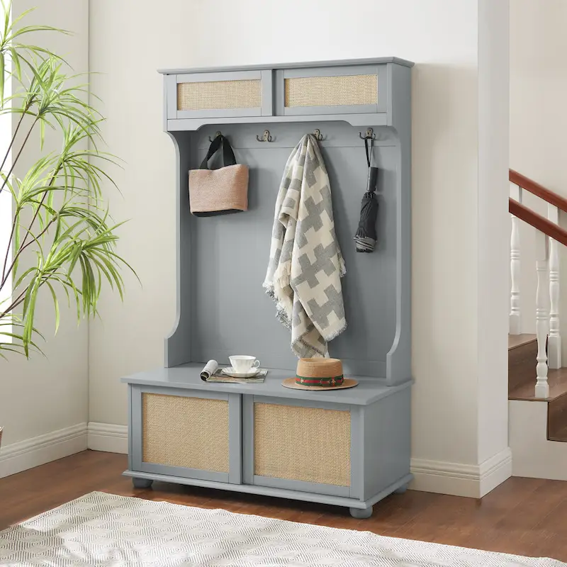 Clothes Hanger Hall Tree Storage Bench Shoe Rack with Rattan Door for Entryway