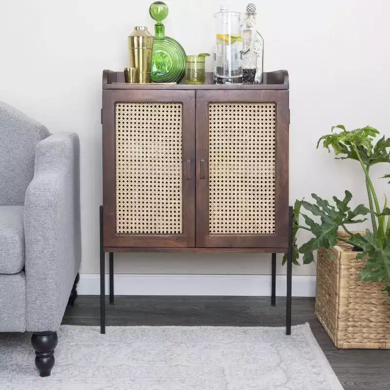 Boho Solid Wood Bar Cabinet with Metal Legs and Woven Cane Doors